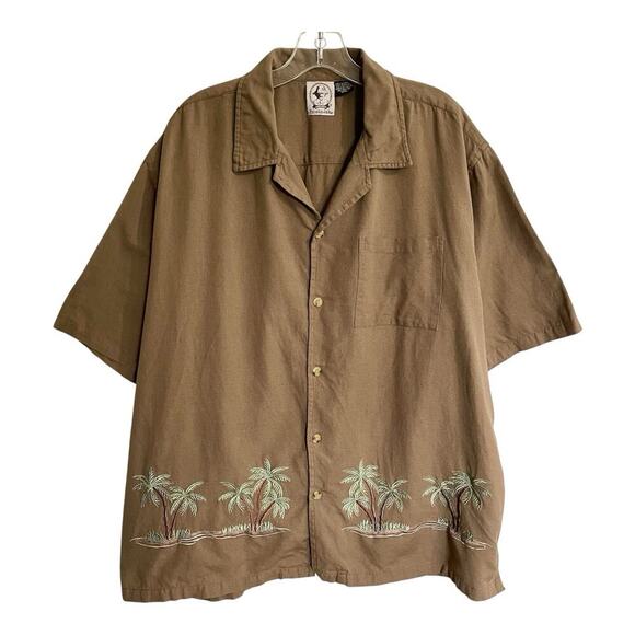 Panama Jack Shirt Men Size XXL Brown Linen Embroidered Palm Trees Vintage - Picture 1 of 7